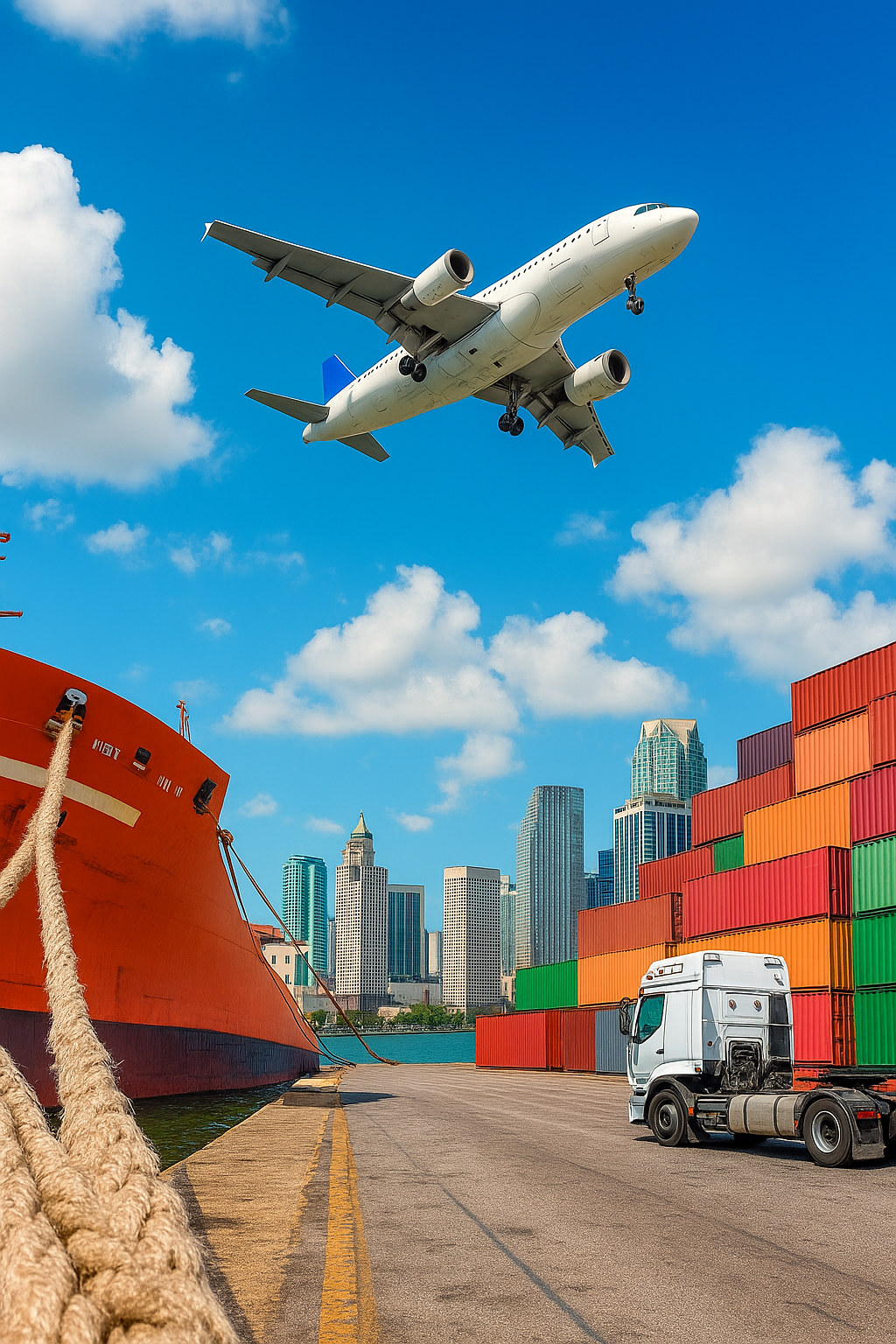 Puerto de Miami con avión, barco y contenedores - Operaciones logísticas de Pantrade